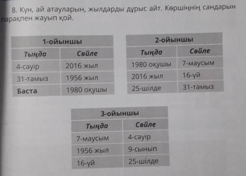 8. Күн, ай атауларын, жылдарды дұрыс айт. Көршіңнің сандарын парақпен жауып қой.1-ойыншы2-ойыншыСөйл