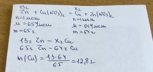 Обчисліть масу (г) міді, яку витіснить чинк масою 13 г з розчину купрум (II) нітрату