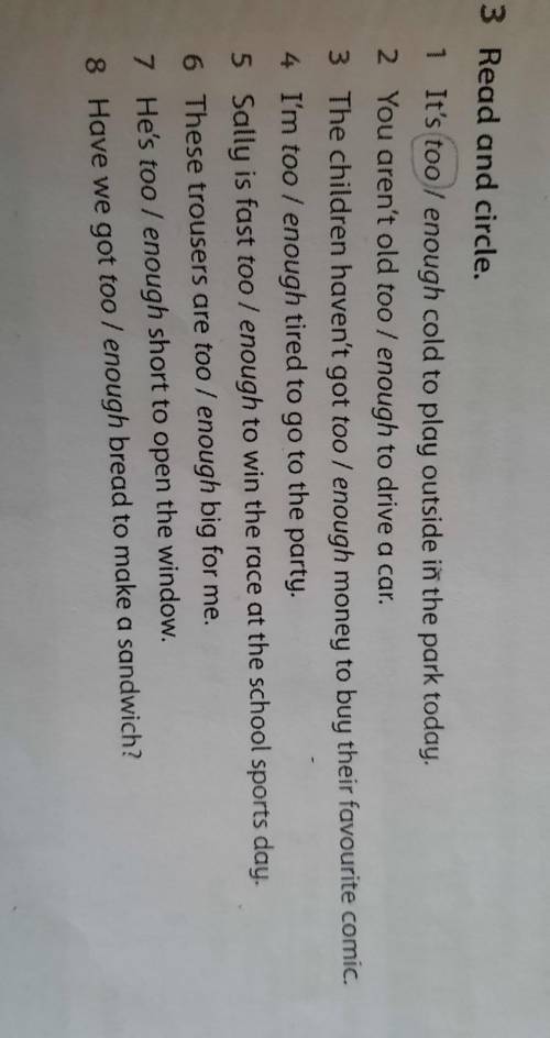 3 Read and circle. 1 It's too / enough cold to play outside in the park today.2 You aren't old too /
