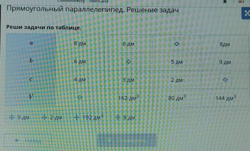 Реши задачи по таблице. a8 дм6 дм8дмb.6 дм5 дм9 дм4 дм3 дм2 дмV162 дм33144 дм80 дм3+ 9 дм+ 2 дм+ 192