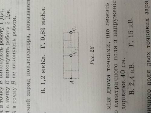 Знайдіть напруженість електричного поля двох точкових зарядів у точці А(рис.28), якщо q1=30 нКл, q2=