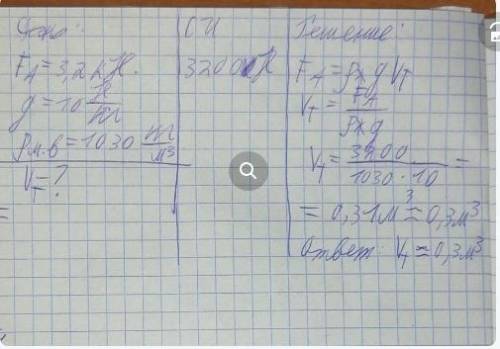 На тіло занурене у воду діє виштохувальна сила 1 kH. Обчисліть об‘єм зануреного тіла.