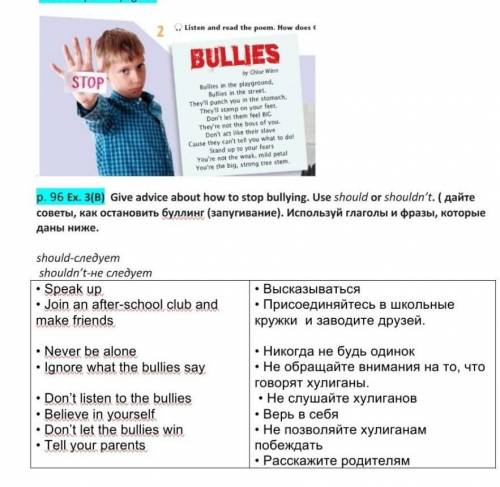 P. 96 Ex. 3(B) Give advice about how to stop bullying. Use should or shouldn't. ( дайте советы, как 