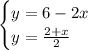 \begin{cases} y=6-2x \\ y= \frac{2+x}{2} \end{cases}