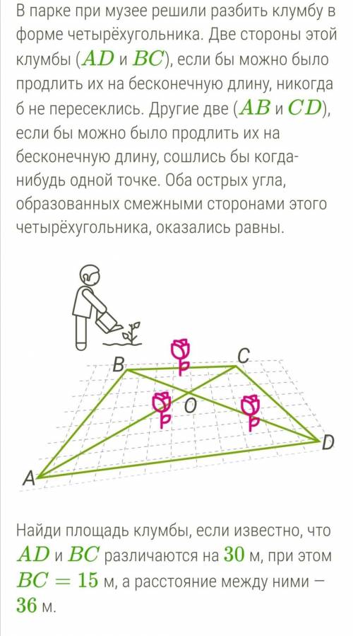 В парке при музее решили разбить клумбу в форме четырёхугольника. Две стороны этой клумбы (AD и BC),