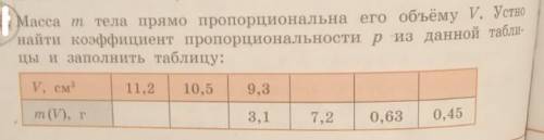 Масса m тела прямо пропорциональна его объему V. Устно найти коэффициент пропорциональности p из дан