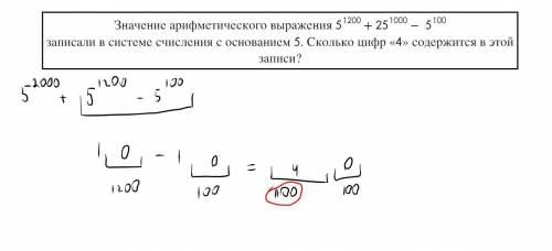 Значение арифметического выражения 5^1200 +25^1000 - 5^100 записали в системе счисления с основанием