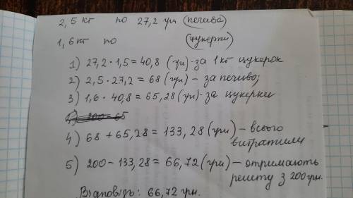 Купили 2,5 печива за ціною 27,2 грн за кілограм та 1,6 кг цукерок, ціна ярких за один кілограм у 1,5