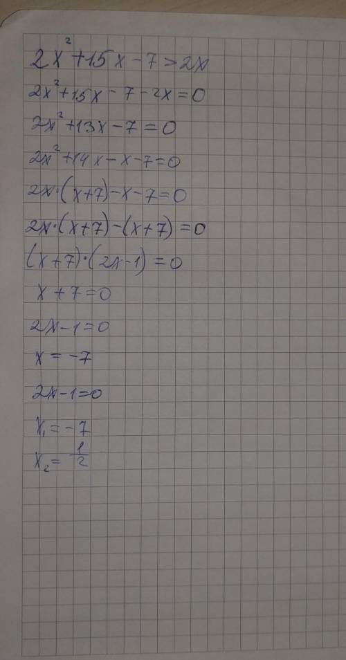 2x^2+ 15x - 7 > 2x решите неравенство​