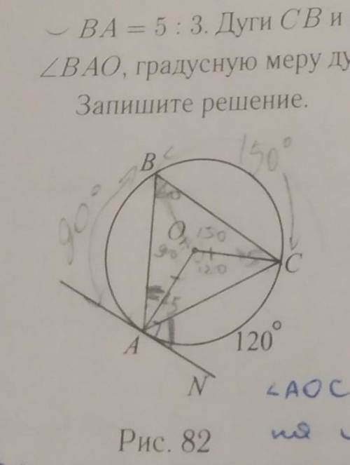 Дана окружность с центром в точке О, АN- касательная, CB и CA- хорды. известно что дуга AC= 120° дуг