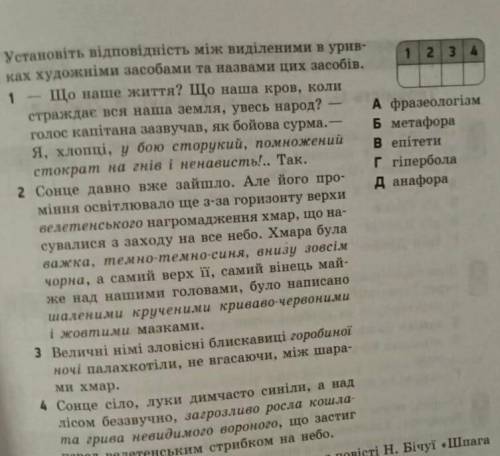   Установіть відповідність між виділеними в уривках художніми засобами та назвами цих засобів: