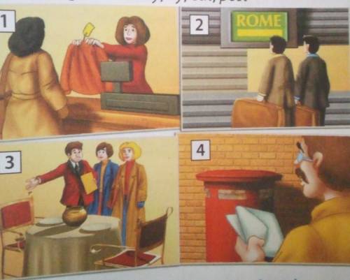 Look at pictures 1-4. What is each person going to do? buy, fly, eat, post.​