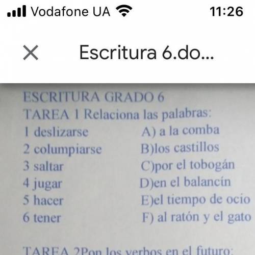 Relaciona las palabras 1)deslizarse A)a la comba 2)columpiarse. B)los castillos 3)saltar. C)por el t