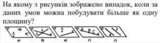 На якому з рисунків зображено випадок, коли за даних умов можна побудувати більше як одну площину?