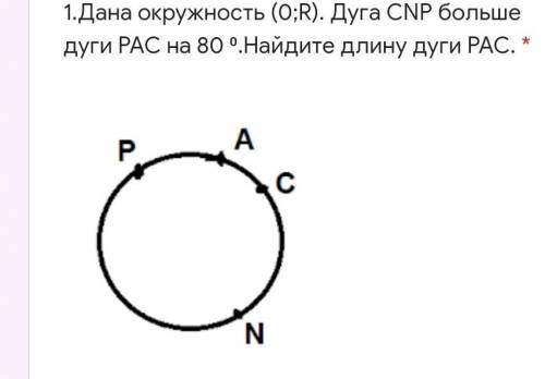 1.Дана окружность (0;R). Дуга CNP больше дуги PAC на 80 ⁰.Найдите длину дуги PAC. *​