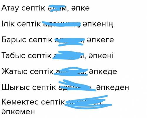 Сөздерді септеңдер. атау септігі… ілік септігі… барыс септігі… табыс септігі… жатыс септігі…шығыс се