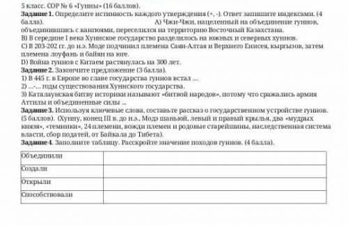 5 класс. СОР No 6 «Гунны» ( ). Задание 1. Определите истинность каждого утверждения (+,-). ответ зап