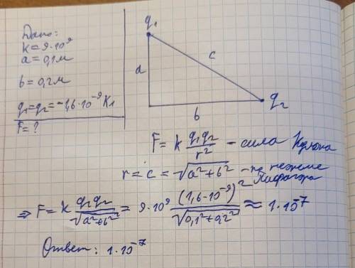 В вершинах прямоугольного треугольника с катетами a=10 b=20 находятся одинаковые точечные электричес