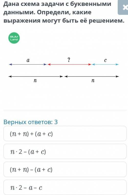 Дана задача с буквенными данными. Определи, какие выражения могут быть не решением. (n + n) + (a + c