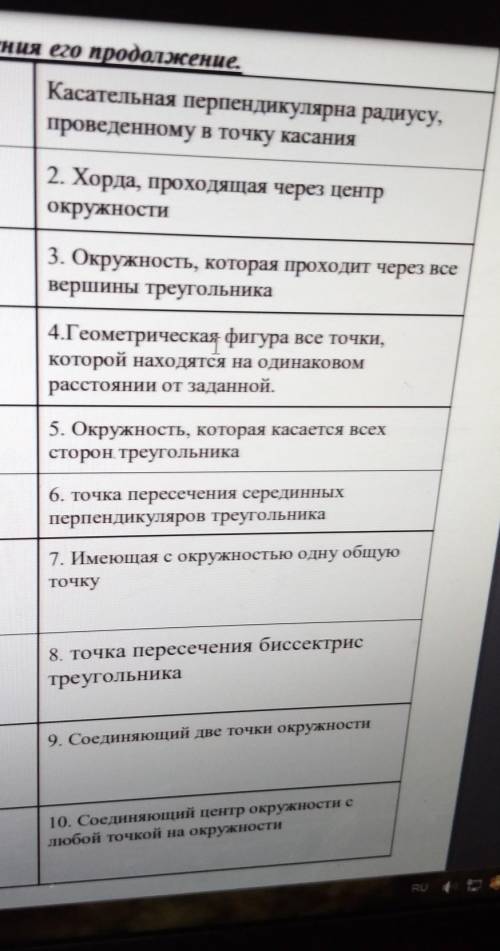 Найдите для каждого определения его продолжение.1.Окружность-2.Радиус-это отрезок3.Хорда-это отрезок