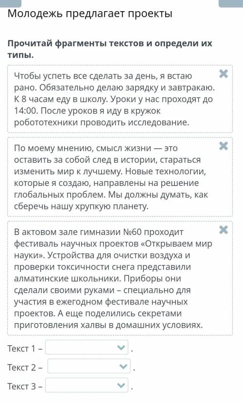 Молодежь предлагает проекты Прочитай фрагменты текстов и определи ихтипы.Чтобы успеть все сделать за