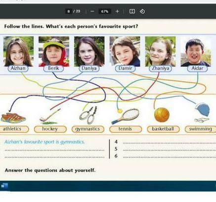Task 2 Follow the lines and write what is each person’s favourite sport. ￼2. 3. 4. 5. 6.   сор​