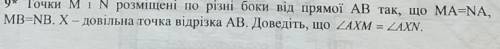 Точки M і N розміщені по різні боки від прямої AB так, що MA=NA, MB=NB. X-довільна точка відрізка AB