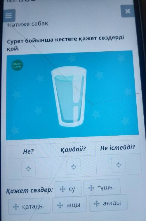 Сурет бойынша кестеге қажет сөздерді қой.BINLandНе?Не істейді?Қандай?И тұщыҚажет сөздер: су- ащы- ағ