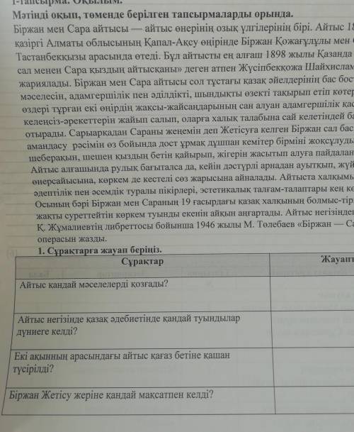 1-тапсырма. Оқылым. Мәтінді оқып, төменде берілген тапсырмаларды орында.Біржан мен Сара айтысы — айт