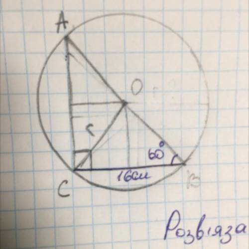Навколо прямокутного трикутника ABC з прямим кутом С описано коло. Знайти радіус кола, якщо CB=16 см