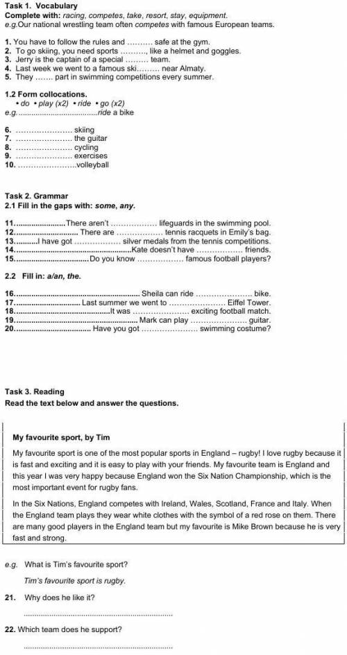 Task 1. Vocabulary Complete with: racing, competes, take, resort, stay, equipment. e.g. Our national