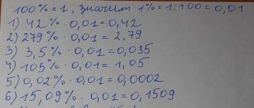 Запишите в виде десятичной дроби. 42 % =279 % =3,5 % =105 % =0,02 % =15,09 % = ​