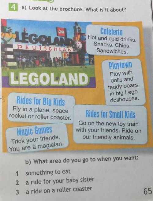 4 a) Look at the brochure. What is it about? LEGOLEGOLECafeteriaHot and cold drinks.Snacks. Chips.Sa