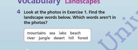 4 Look at the photos in Exercise 1. Find the landscape words below. Which words aren't inthe photos?