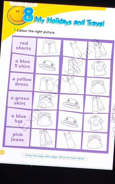 Color the right picture red color a blue T-shirt a yellow dreess a green skirt a blue hat pink jeans