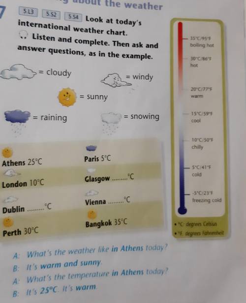 ex 7 Look at today's international weather chart. Listen and comlete. Then ask and answer questions,