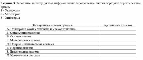 Заполните таблицу, указав цифрами какие зародышевые листки образуют перечисленные органы 1 - Эктодер