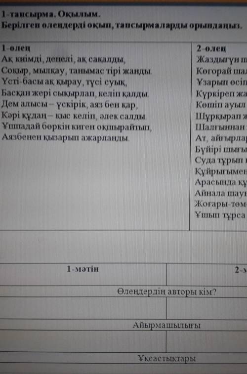 1-тапсырма. Оқылым. Берілген елендерді оқып, тапсырмаларды орындаңыз.1-еленАқ киімді, денелі, ақ сақ