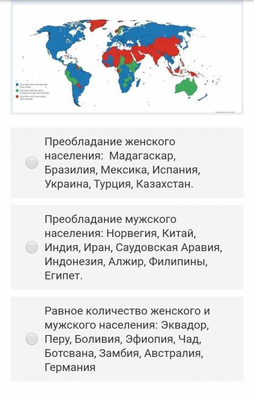 Дайте ответ . На карте изображены страны: синим цветом с преоблаланием женского населения. красным ц