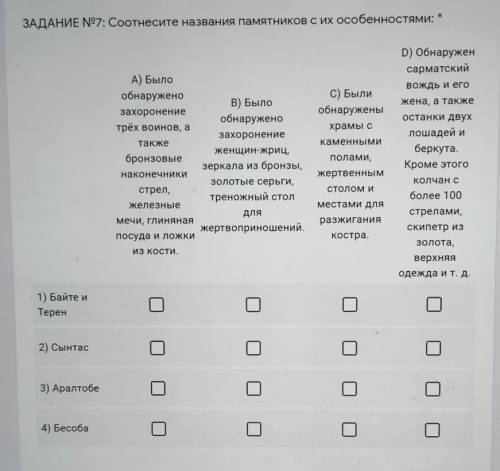 ЗАДАНИЕ N97: Соотнесите названия памятников с их особенностями: *C) Былиобнаруженыхрамы скаменнымиА)