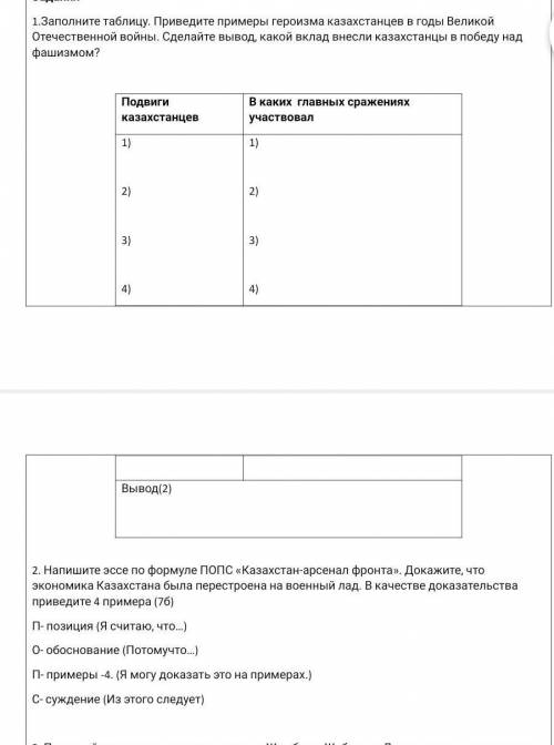 Заполните таблицу. Приведите примеры героизма казахстанцев в годы Великой Отечественной войны. Сдела