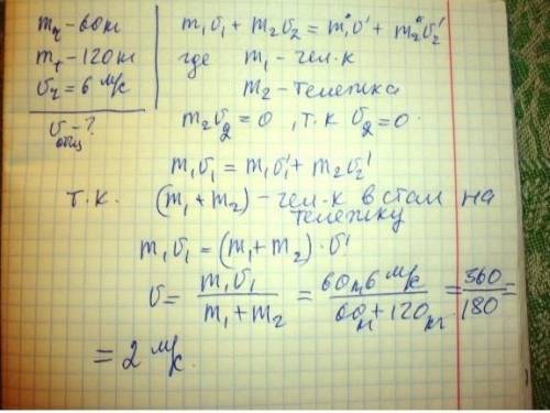 Человек массой 60 кг прыгает с разбегу в тележку, стоящую на рельсах, массой 30 кг. Скорость человек