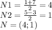 N1=\frac{1+7}{2} =4\\N2=\frac{5-3}{2} =1\\N=(4;1)