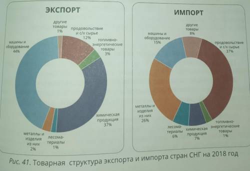 Дайте характеристику товарной структуре экспорта и импорта стран СНГ на 2018 год (Рис. 41).​