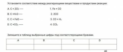 Установите соответствие между реагирующими веществами и продуктами реакции: А. C + 2Cl2 1. Fe + CO В