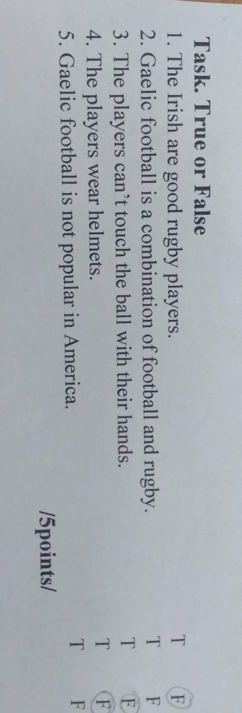 Task. True or False 1. The Irish are good rugby players.2. Gaelic football is a combination of footb