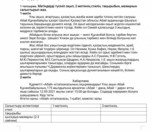 1-тапсырма. Мәтіндерді түсініп оқып, 2 мәтіннің стилін, тақырыбын, мазмұнын салыстырып жаз. 1-мәтін​