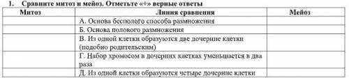 Сравните митоз и мейоз. Отметьте «+» верные ответы ) Митоз Мейоз А. Основа бесполого размножения Б. 