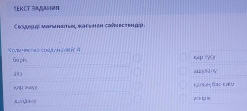 ТЕКСТ ЗАДАНИЯ Сөздерді мағыналық жағынан сәйкестендір.окаКоличество соединений: 4бөрікқар түсуаязашу