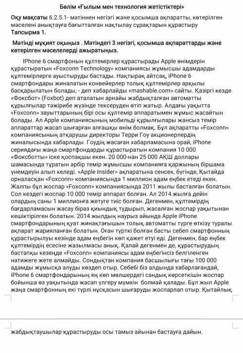 Негізгі ақпаратҚосымша ақпаратКөтерілген мәселеТапсырма 2. Мәтіннен анықтаған негізгі, қосымша ақпар